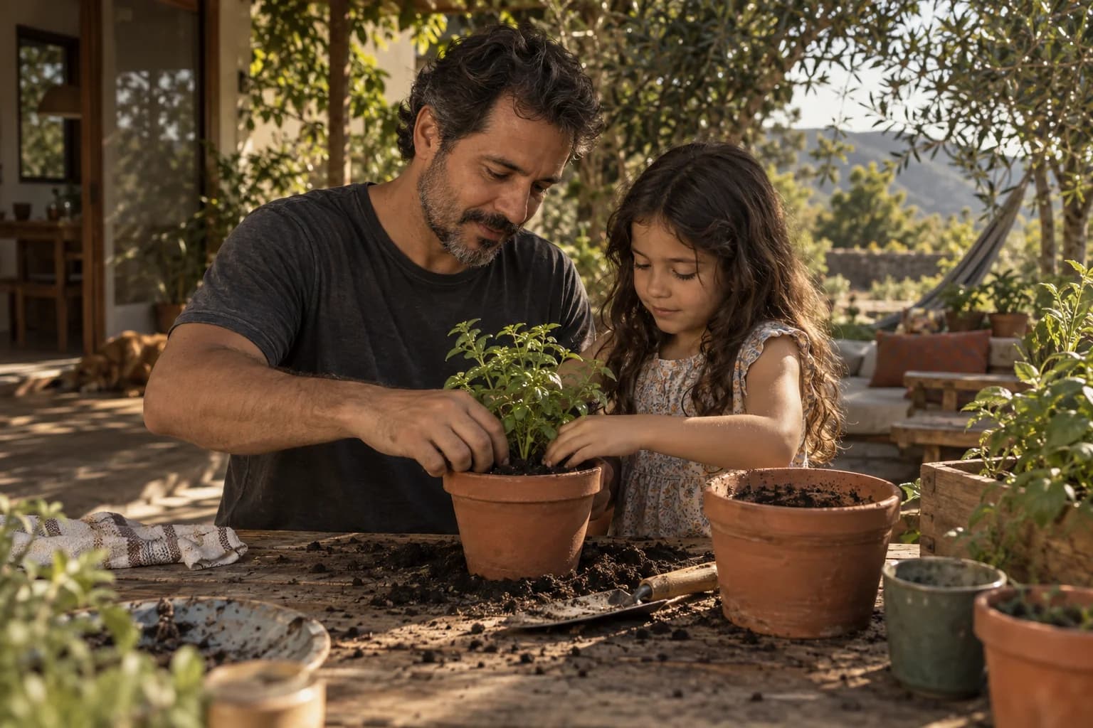 Pai e filha dedicam tempo juntos ao plantar uma muda à mesa do jardim.