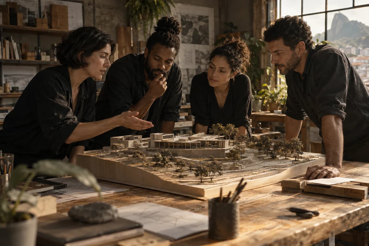Quatro pessoas compartilham ideias em torno de uma maquete arquitetônica.