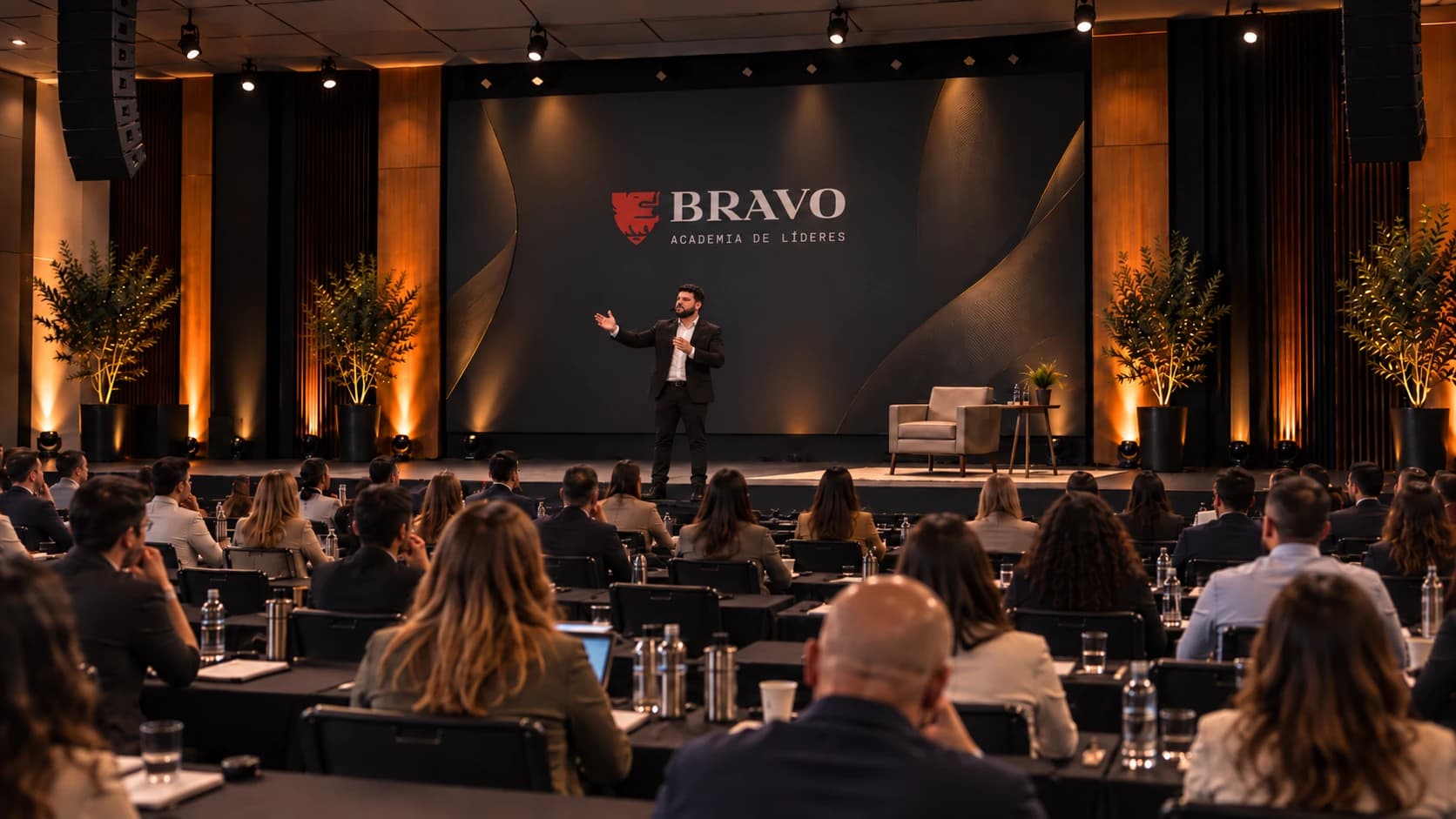 Composição ilustrativa de Tiago Bravo no palco, com plateia e a marca Bravo Academia de Líderes no telão.