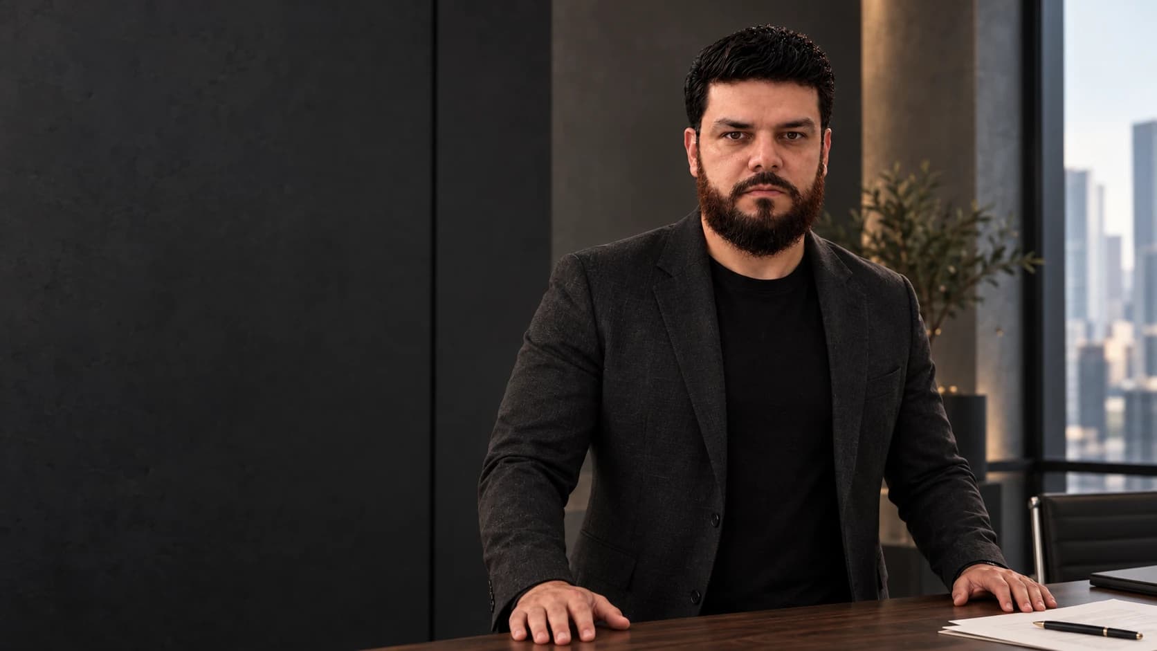 Tiago Bravo de blazer escuro, em pé à frente de uma mesa de trabalho, em um ambiente empresarial.