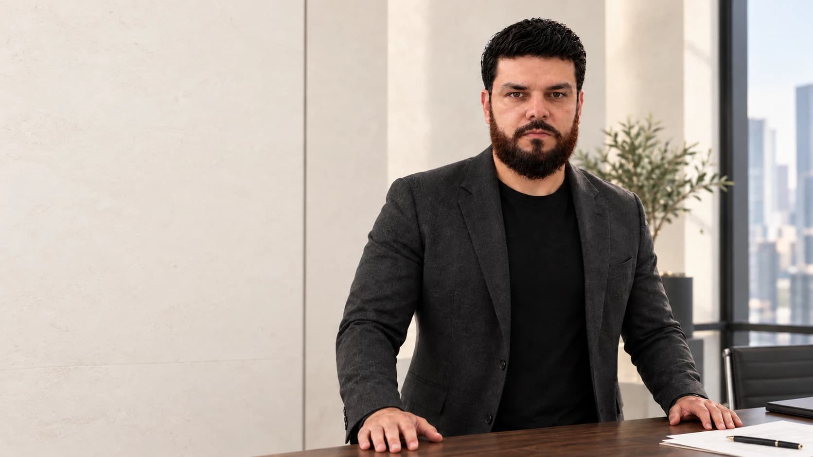 Tiago Bravo de blazer escuro, em pé à frente de uma mesa de trabalho, em um ambiente empresarial.